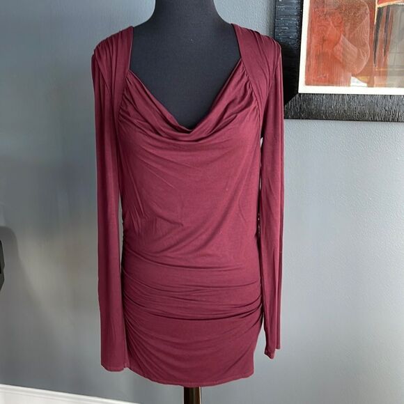 Three Dots burgundy stretch jersey draped neckline ruched shoulders and side top - Picture 1 of 5
